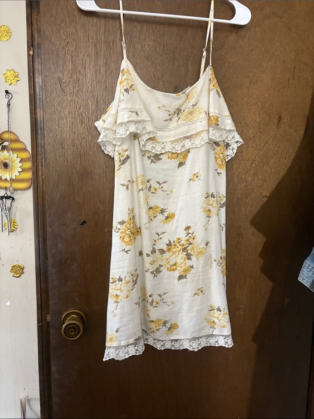 Yellow Floral Lace-Trim Slip Dress